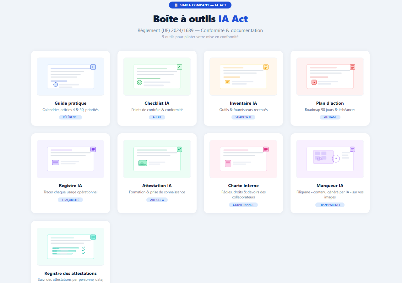 Boîte à outils IA Act — 9 outils de conformité
